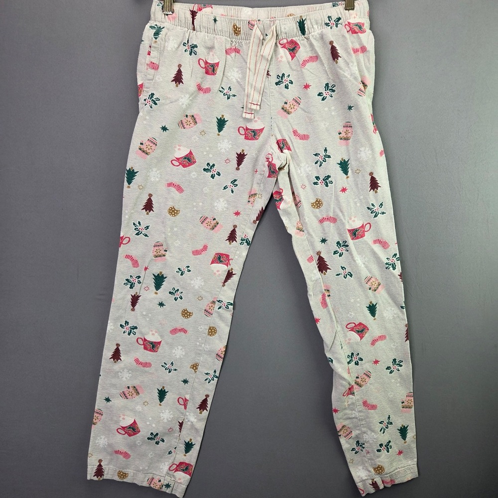Old Navy Pajama Pants M Gray Pink Holiday Christmas Hot Cocoa Cotton Drawstring